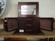 TEAK FRAMED JEWELLERY CABINET WITH THREE DRAWERS WITH SIDE COMPARTMENTS AND LIFT UP LID