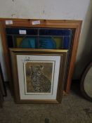 PICTURE OF A LEOPARD BY STEPHEN GAYFORD, TOGETHER WITH A MODERN STAINED GLASS PANEL, AND A