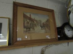 PINE FRAMED WATERCOLOUR OF A STREET SCENE TOGETHER WITH A TEAK FRAMED WALL CLOCK (2)