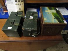 PAINTED TOP PINE FRAMED CHEST TOGETHER WITH A SET OF FOUR GREEN MILITARY TYPE CONTAINERS