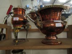 SMALL BRASS AND COPPER SAMOVAR, TOGETHER WITH A COPPER TWO HANDLED CHAMPAGNE BUCKET (2)