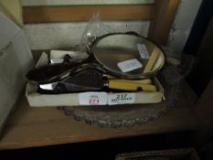 TORTOISE SHELL EFFECT HAND MIRROR, CLOTHES BRUSH, MIXED BUTTER KNIVES, SPOONS ETC