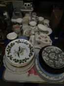 TWO TRAYS CONTAINING MIXED COMMEMORATIVE MUGS, COLLECTORS PLATES, BUTTER DISH ETC