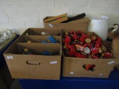 THREE BOXES CONTAINING MIXED PAINTED CHILDREN'S TOYS, WOOD BUILDING BLOCKS ETC