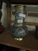 20TH CENTURY BRASS AND CLOISONN ORIENTAL TWO-HANDLED VASE