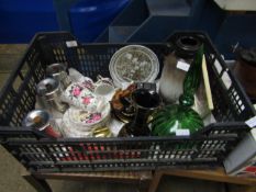 CRATE CONTAINING STAINLESS STEEL STORAGE JARS, ROSE DECORATED CUPS AND SAUCERS ETC