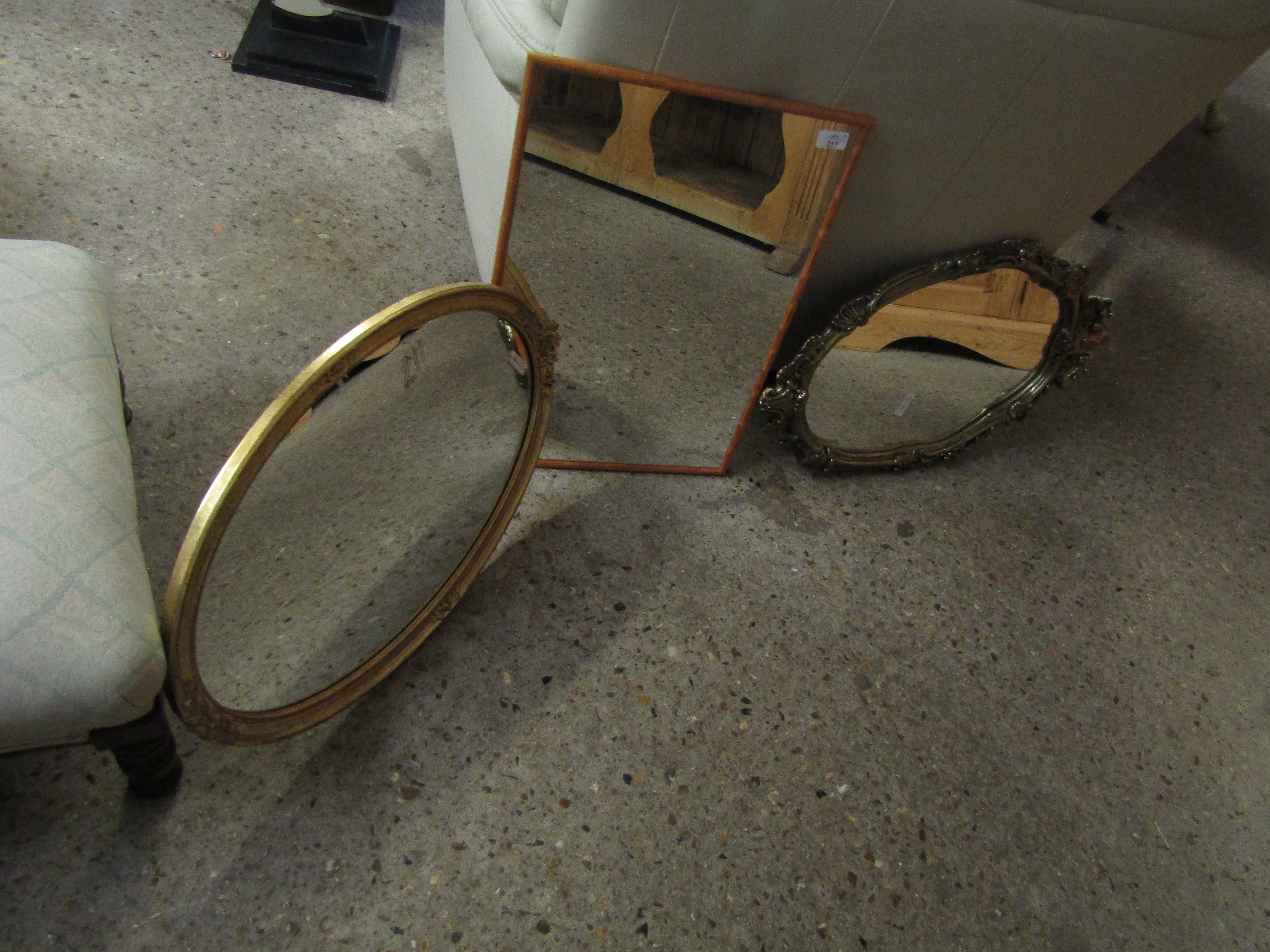 GOLD FRAMED OVAL WALL MIRROR TOGETHER WITH ONE OTHER, AND A BAMBOO EFFECT WALL MIRROR (3)