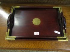 GRADUATED SET OF TWO CHINESE HARDWOOD TRAYS WITH BRASS DETAILING