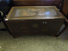 CHINESE HARDWOOD TRUNK WITH CARVED ORIENTAL SCENES TO TOP AND FRONT