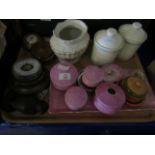 TRAY CONTAINING A TABLE TOP BAROMETER, PINK DRESSING TABLE WARES ETC