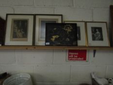 FOUR ASSORTED VICTORIAN PRINTS TOGETHER WITH A FURTHER GILT SHIBAYAMA LACQUERED PANEL (5)