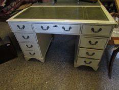WHITE PAINTED GREEN LEATHER TOP TWIN PEDESTAL DESK