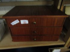 TEAK FRAMED TABLE TOP THREE DRAWER STORAGE BOX OR COLLECTORS CABINET