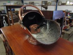 19TH CENTURY COPPER COAL HELMET AND SHOVEL