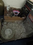 TWO BOXES CONTAINING MIXED GLASS WARES, SUNDAE DISHES, DECANTERS WITH PORCELAIN LABELS, VASELINE AND