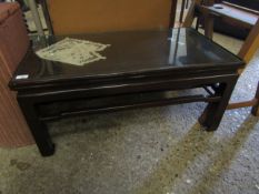 CHINESE HARDWOOD RECTANGULAR COFFEE TABLE WITH GLASS TOP AND SHAPED LEGS