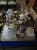 TRAY CONTAINING FLOWER ENCRUSTED ORNAMENTS, CONTINENTAL FIGURE, BUTTER DISH, STONEWARE HOT WATER