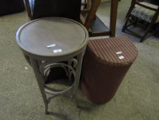 PAINTED BENTWOOD CIRCULAR TOP STOOL TOGETHER WITH A PINK WICKER LAUNDRY BASKET (2)