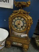 GOOD QUALITY GILT FRAMED MANTEL CLOCK WITH PORCELAIN PANELS (A/F)