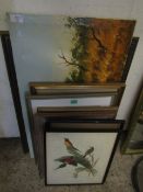 GROUP CONTAINING MIXED PRINTS, PICTURES, WATERCOLOURS, UNFRAMED OIL OF A WATER BUFFALO ETC