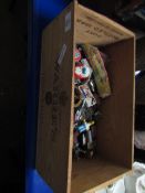 CRATE CONTAINING MIXED TOYS, VINTAGE JUMBLE TIN ETC