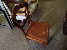 VICTORIAN MAHOGANY BALLOON BACK DINING CHAIR WITH CARVED RAIL AND PUCE DROP IN SEAT