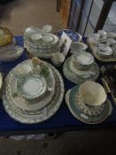 TRAY CONTAINING MIXED MAY BLOSSOM GREEN PRINTED TEA WARES, MEAT PLATES, TUREENS ETC