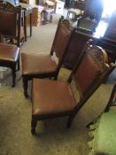 SET OF SIX OAK FRAMED DINING CHAIRS WITH CARVED TOP RAIL WITH BROWN REXINE UPHOLSTERED SEAT AND BACK