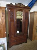 EDWARDIAN WALNUT SINGLE MIRRORED DOOR WARDROBE WITH CARVED PANELS AND REEDED DETAIL, FULL WIDTH