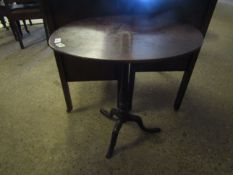 MAHOGANY OVAL PEDESTAL TABLE RAISED ON RING TURNED SUPPORT WITH TRIPOD BASE, 61.5CM WIDE