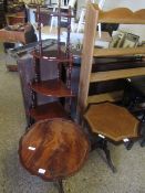 TWO REPRODUCTION MAHOGANY TRIPOD TABLES, ONE WITH A LEATHER TOP, TOGETHER WITH A FURTHER TEAK EFFECT