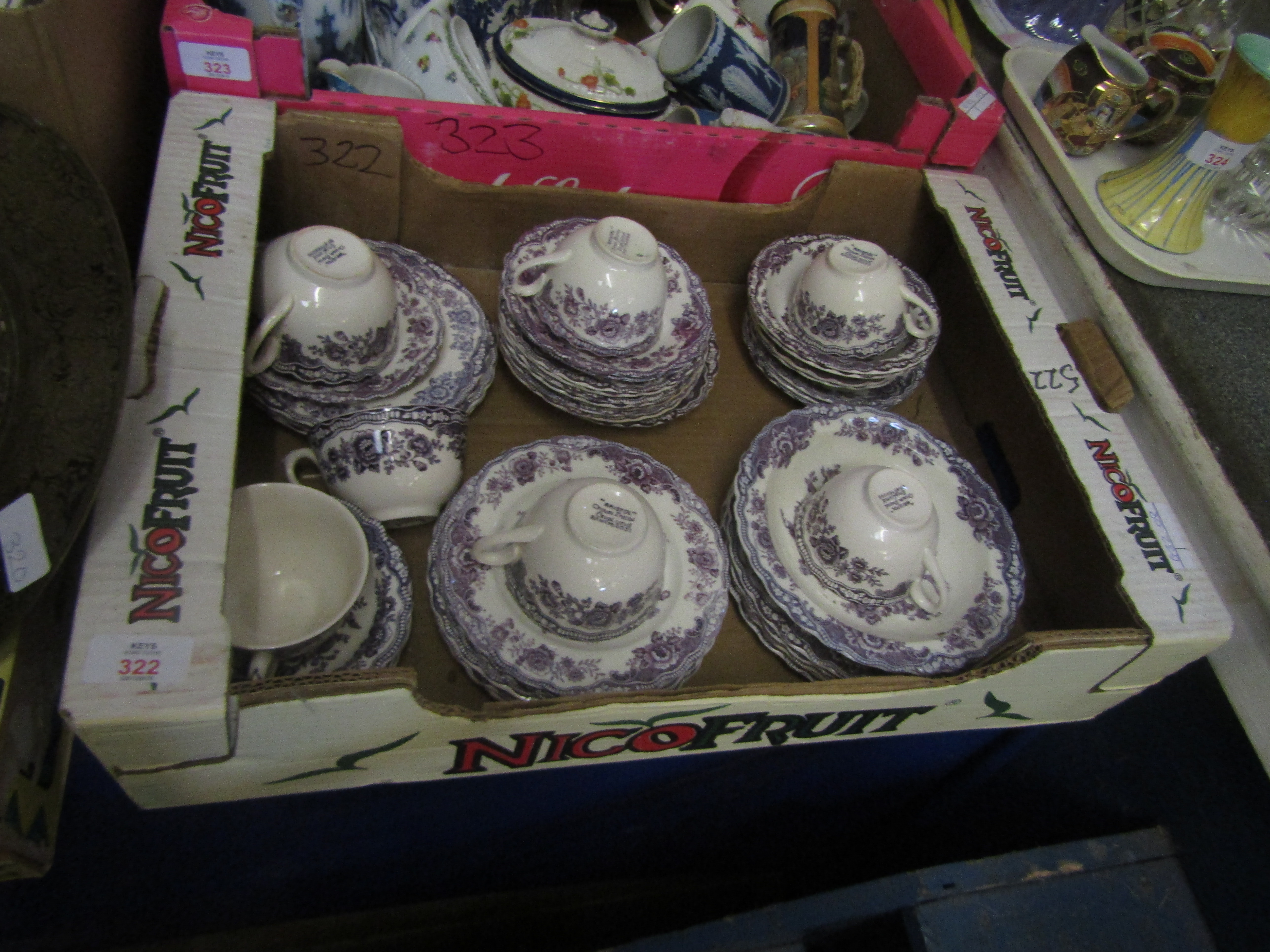 BOX CONTAINING MIXED BRISTOL CROWN DUCAL PURPLE PRINTED TEA WARES