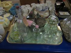 TRAY CONTAINING MIXED GLASS WARES, CHROMIUM RETRO LAMP, MIXED PAPER WEIGHTS ETC