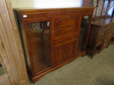 REPRODUCTION YEW WOOD BUREAU WITH DROP FRONT OVER A SINGLE DRAWER OVER TWO PANELLED CUPBOARD DOORS