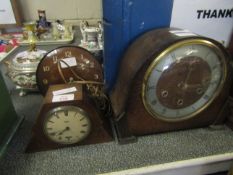 SMITHS ELECTRIC CIRCULAR CLOCK TOGETHER WITH A TRIANGULAR FORMED OAK FRAMED CLOCK AND ONE OTHER (3)