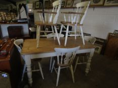 PINE TOPPED RECTANGULAR KITCHEN TABLE WITH CREAM PAINTED BASE, TOGETHER WITH A SET OF SIX HARD