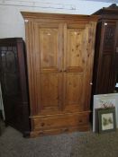 WAXED PINE DOUBLE DOOR WARDROBE WITH FULL WIDTH DRAWER TO BASE WITH TURNED KNOB HANDLES