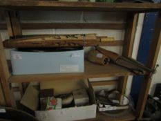 BOX CONTAINING MIXED TABLE BRUSHES, CLOTHES BRUSHES, TWO PARASOLS AND A PAIR OF BEECHWOOD SHOE LASTS