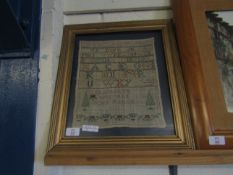 GILT FRAMED SAMPLER ON GAUZE BY ELIZABETH WEYMAN AGED 15 DATED 1831