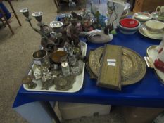 TWO TRAYS CONTAINING MIXED SILVER PLATED CANDLESTICKS, MIXED BRASS ORNAMENTS, FURTHER DOG ORNAMENTS,