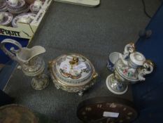 CAPO DI MONTE TYPE OVAL LIDDED TUREEN, SIMILAR JUG AND TWO-HANDLED VASE (3)