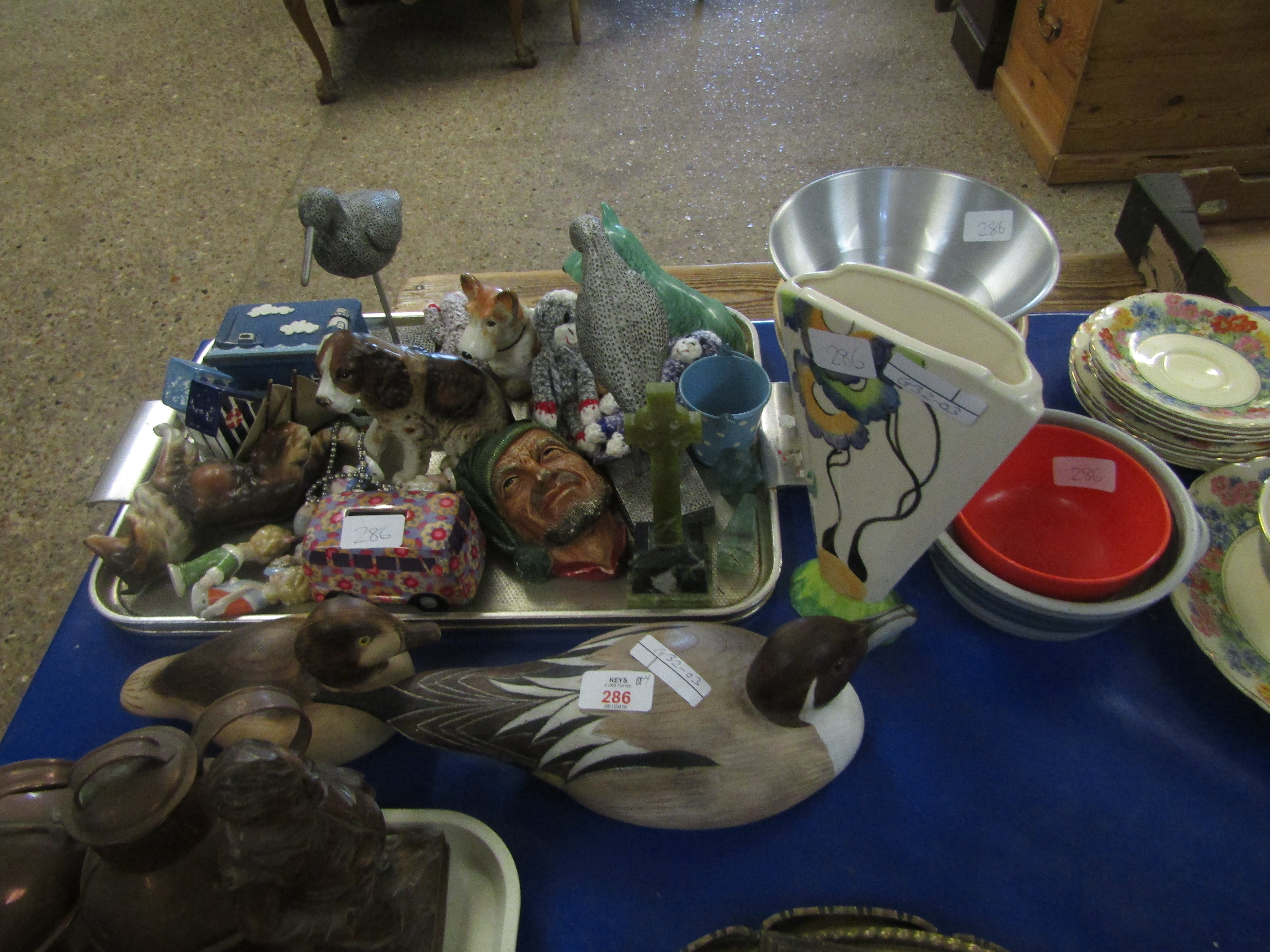 TWO MODERN DECOY TYPE DUCKS, A PRESSED BRASS TRAY, PAST TIMES VASE ETC