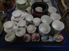 TWO TRAYS CONTAINING MIXED TEA WARES, MODERN ORIENTAL TEA WARES, ROYAL OSBORNE TEA WARES ETC