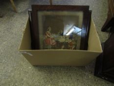 BOX CONTAINING MIXED MAHOGANY FRAMED EMBROIDERIES ETC