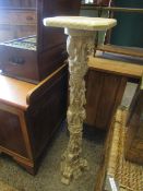 GOOD QUALITY ORIENTAL RESIN FORMED HEAVILY CARVED PLANT STAND WITH FIGURE AND ELEPHANT CARVED COLUMN