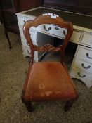 VICTORIAN MAHOGANY BALLOON BACK DINING CHAIR WITH CARVED RAIL AND PUCE DROP IN SEAT