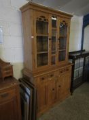 GOOD QUALITY 19TH CENTURY PITCH PINE BOOKCASE WITH TWO GLAZED DOORS WITH FRETWORK DETAIL OVER TWO