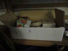 BOX CONTAINING MIXED ORNAMENTS TO INCLUDE STRAWBERRY BEAR, AN ONYX ASH TRAY ETC