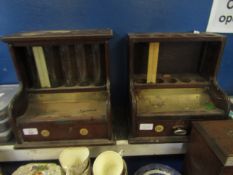 TWO 19TH CENTURY PAGE & PRATT MAHOGANY FRAMED TILLS, ONE WITH CYLINDRICAL GLASS COIN STORAGE, THE