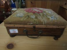 19TH CENTURY WALNUT SQUARE FORMED AND EMBROIDERED TOP FOOT STOOL WITH HINGED LID, WITH A COPPER